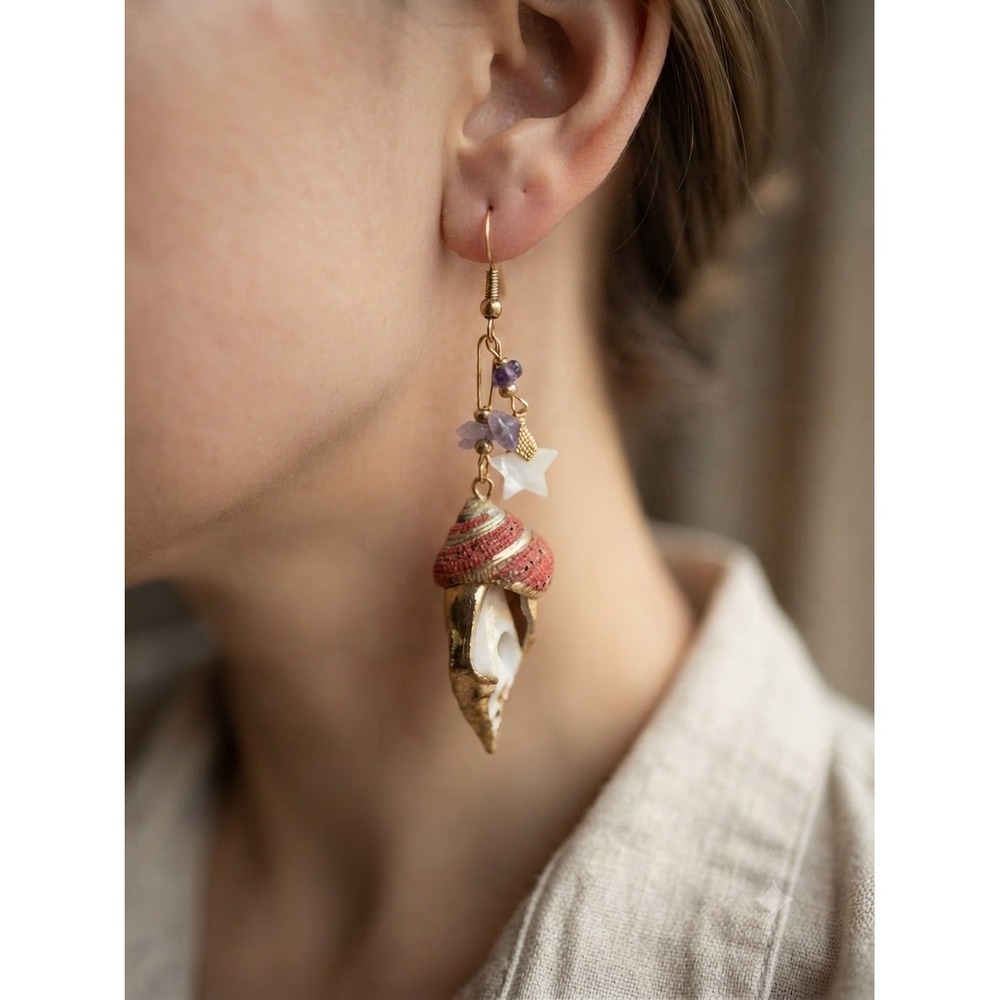 Handmade Gold Dipped Sea Shell Star Amethyst Drop Earrings Nautical Boho